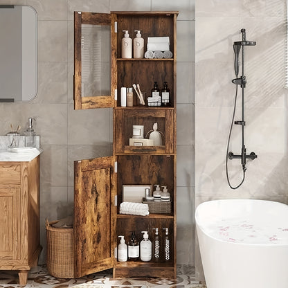 Badkast – Hoge Kast – Badkamerkast – Opbergkast – Staande Kast – Glasdeuren – Verstelbare Planken – MDF Met Eiken Fineer – 170 cm Hoog
