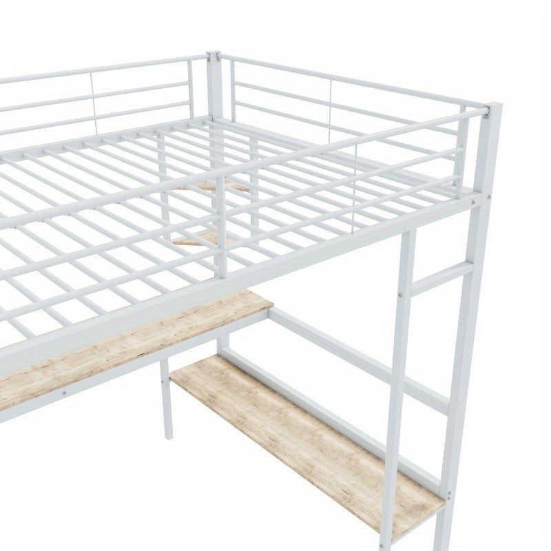 Hoogslaper 140x200 – Stalen Bedframe – Metaalbed – Kinderbed – Tienerbed – Wit Frame – Ingebouwd Bureau & Grote Boekenkast – 4 Kleine Plankjes