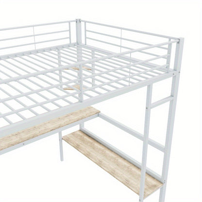 Hoogslaper 140x200 – Stalen Bedframe – Metaalbed – Kinderbed – Tienerbed – Wit Frame – Ingebouwd Bureau & Grote Boekenkast – 4 Kleine Plankjes