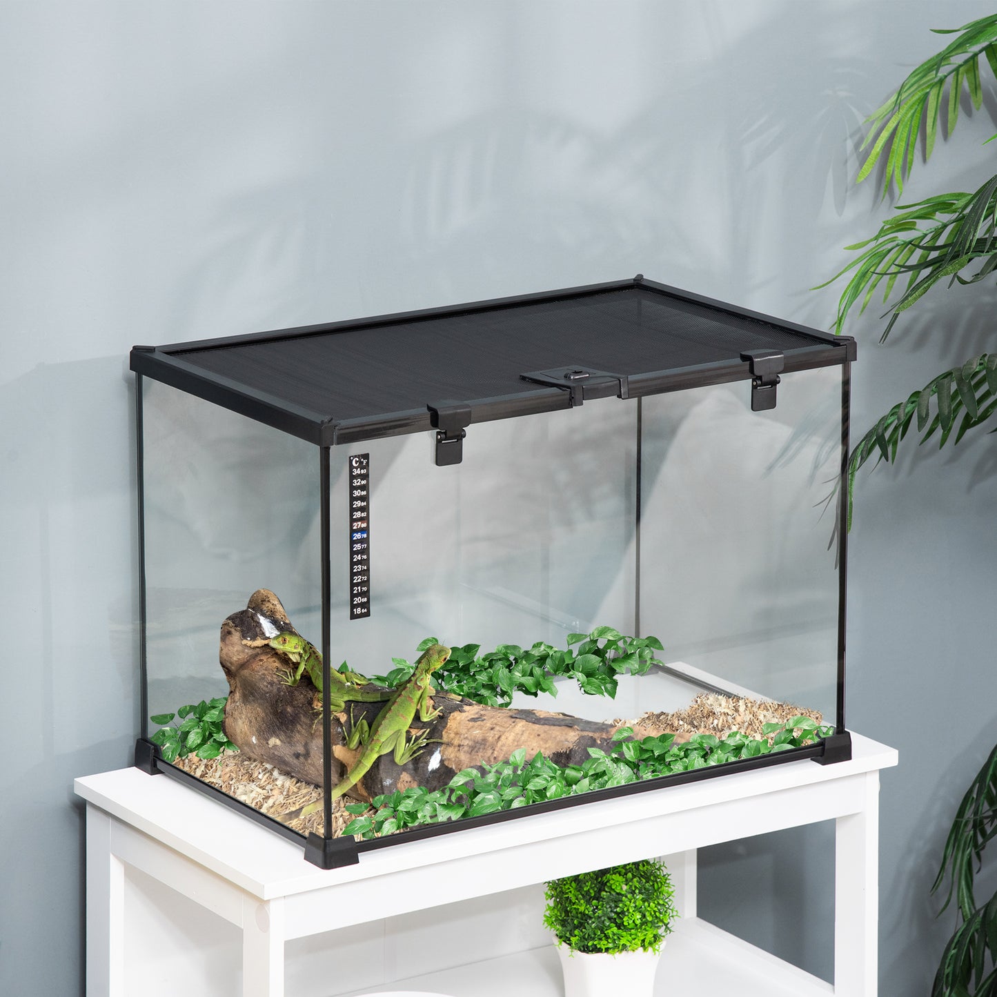 Terrarium – Reptilienbox – Faunarium – Vivarium – Habitat – Gehard Glas – Metalen Gaas Ventilatie – 50x30x35 cm – Schuifdeksel Transparant