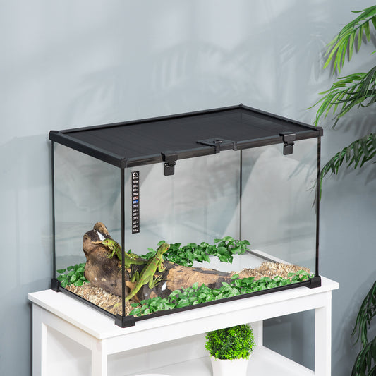 Terrarium – Reptiel Terrarium – Glas Terrarium – Reptielenkooi – Faunarium – Transparant Glas – Met Metalen Gaas – Inclusief Waterdistributeur en Thermometer – 50x30x35 cm