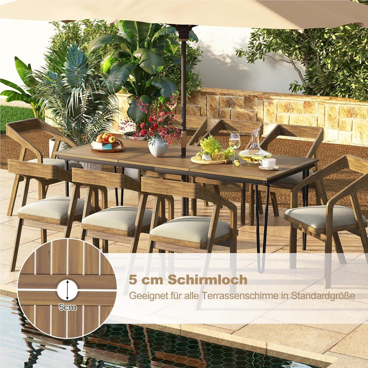Tuinmeubel Tafel – Buitentafel – Balkon Tafel – Eettafel – Tuin Eettafel – Acaciahouten Tuintafel 200x90 cm – Umbrellagat – Robuust Metaal Frame