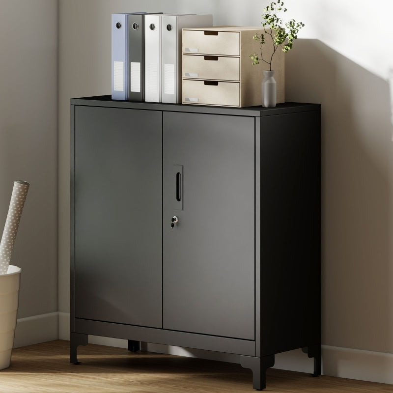 Opbergkast – Metalen Kast – Lockerkast – Archiefkast – Kantoorkast – Zwart Metalen Frame – Houtlook Deuren – 2-Laags – Vergrendelbaar Sleutelslot