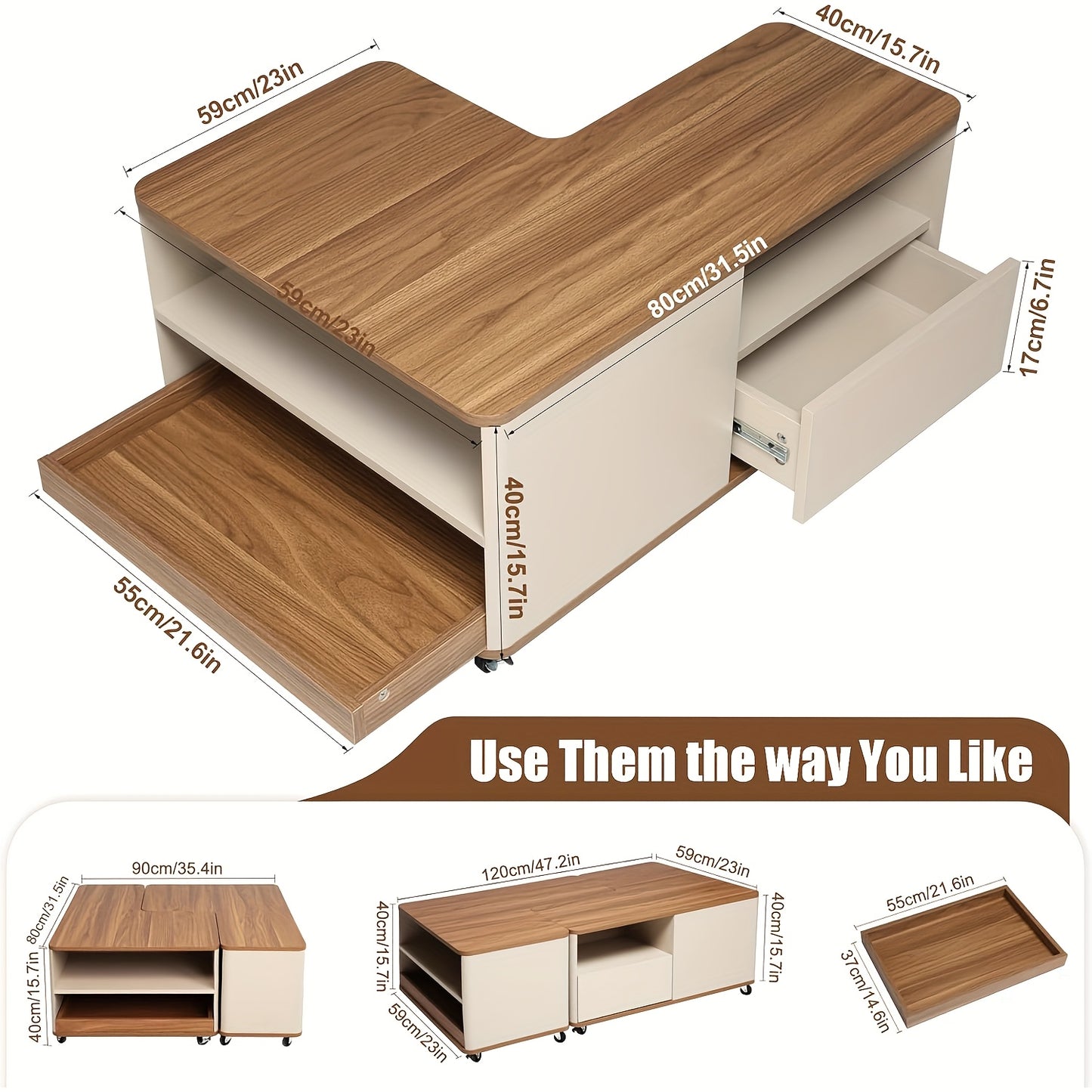 Salontafel – Woonkamertafel – Koffietafel – Bijzettafel – Tafeltje – Modern Bruin – Met Wieltjes & 2 Laden – Duurzaam Hout – Uitbreidbaar & Compact