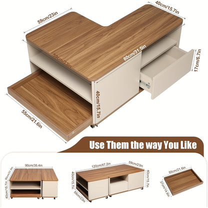 Salontafel – Woonkamertafel – Koffietafel – Bijzettafel – Tafeltje – Modern Bruin – Met Wieltjes & 2 Laden – Duurzaam Hout – Uitbreidbaar & Compact