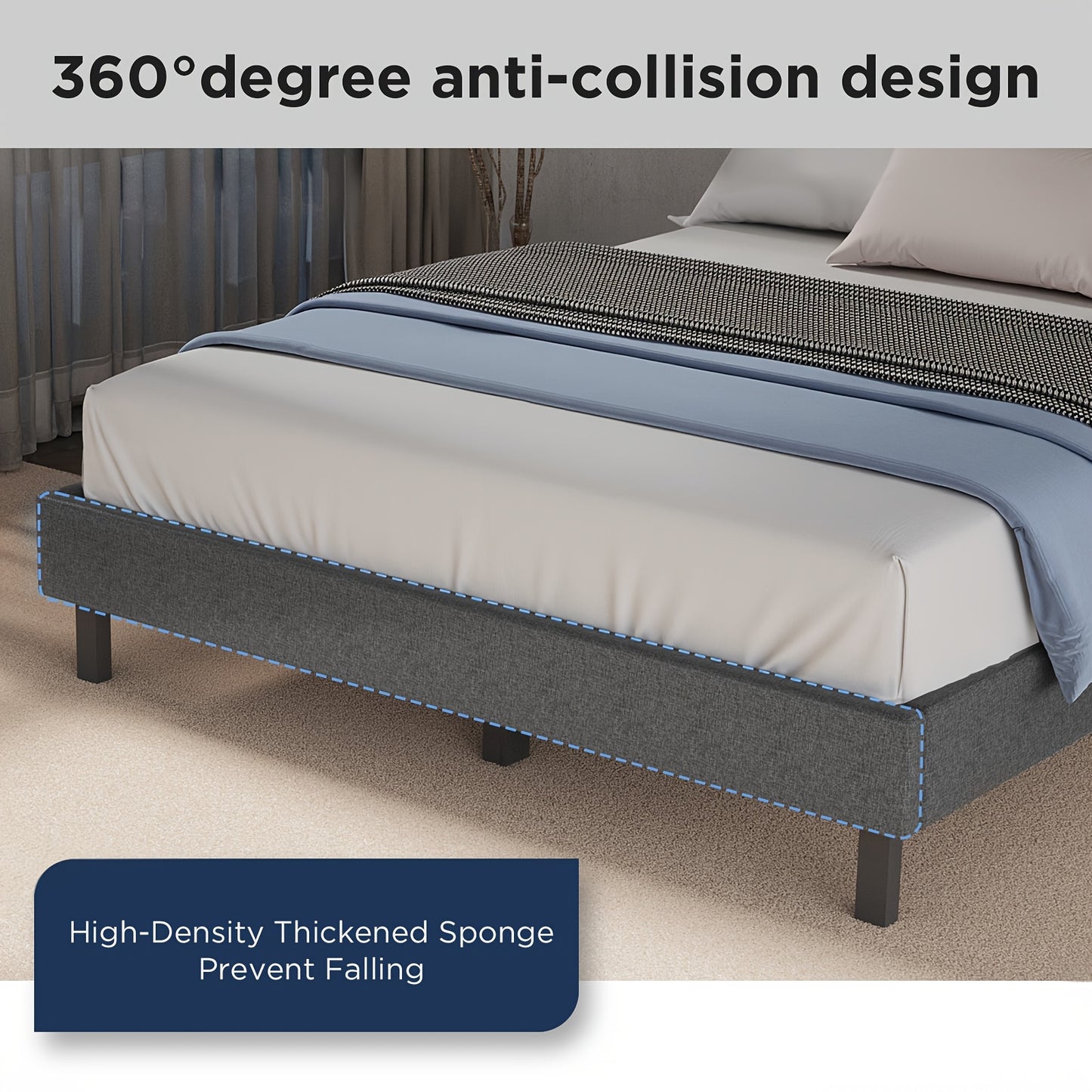 Bedframe – Bed – Slaapbank – Ledikant – Boxspring – Grijs Linnen – Stevig Houten Frame – 200x140 cm