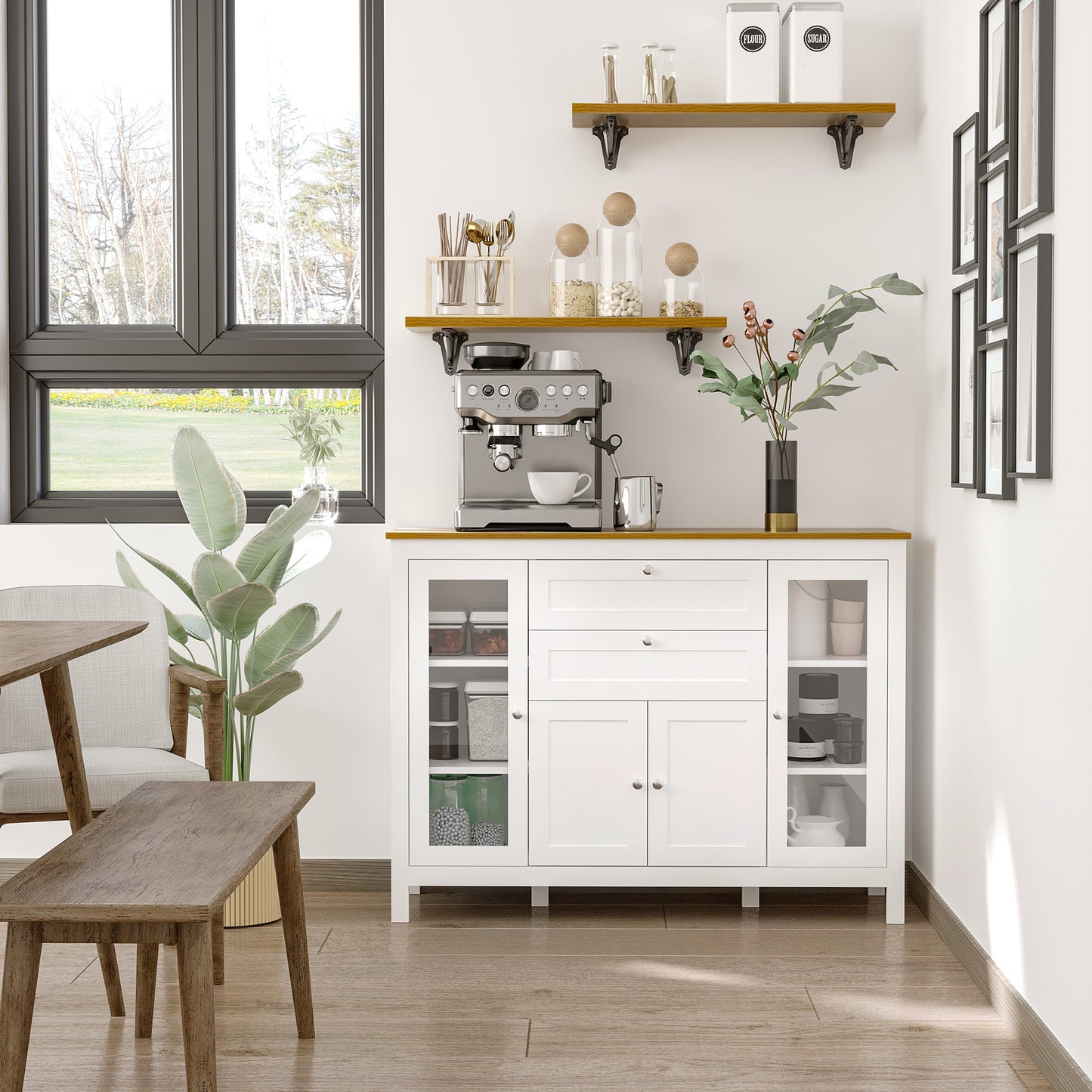 Dressoir – Buffet – Kast – Opbergmeubel – Woonkamermeubel – Wit Met Houtlook – 2 Glazen Deuren – Verstelbare Planken – 2 Lades – 1 Afsluitbare Kast – MDF En Metaal – Anti-Kantel Veiligheid