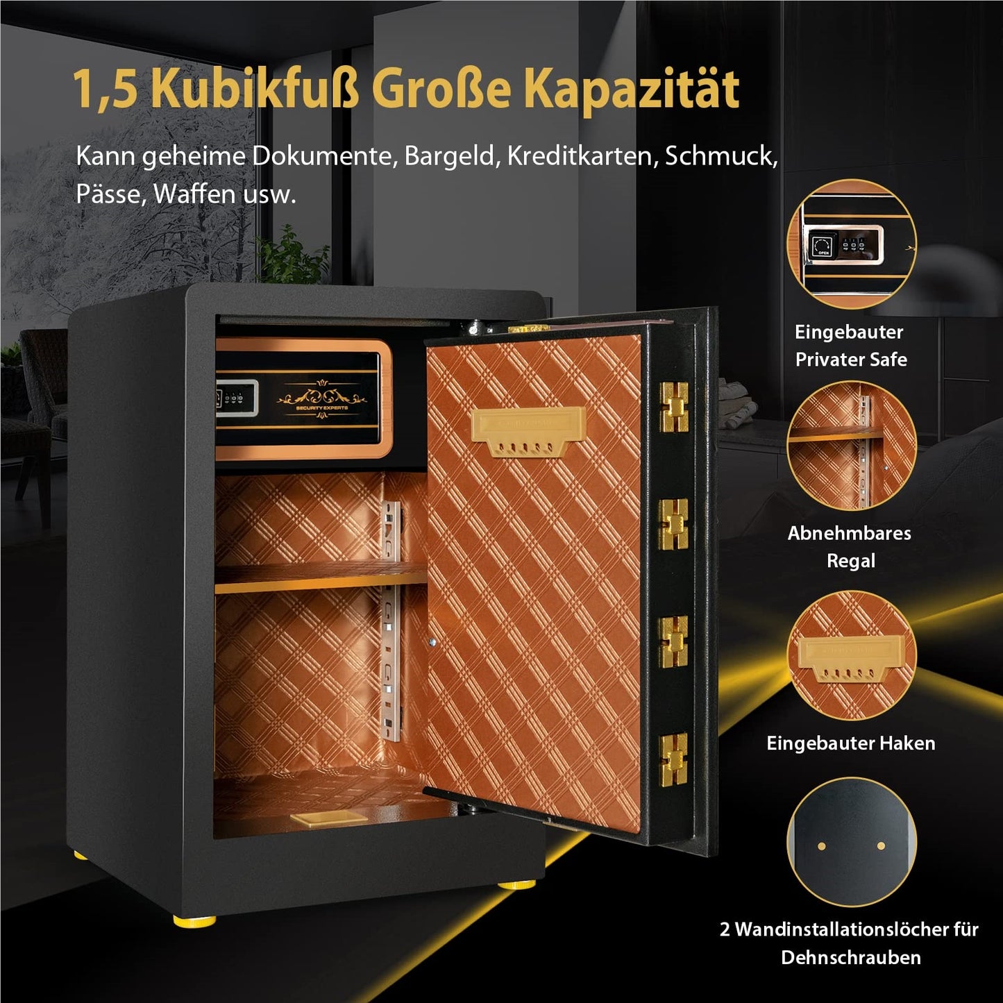 Brandwerende Kluis – Veiligheidskluis – Documentenkluis – Elektronische Safe – Mini Kluis – 42,5L Inhoud – Verstelbare Plank & Alarm Systeem – Zwart