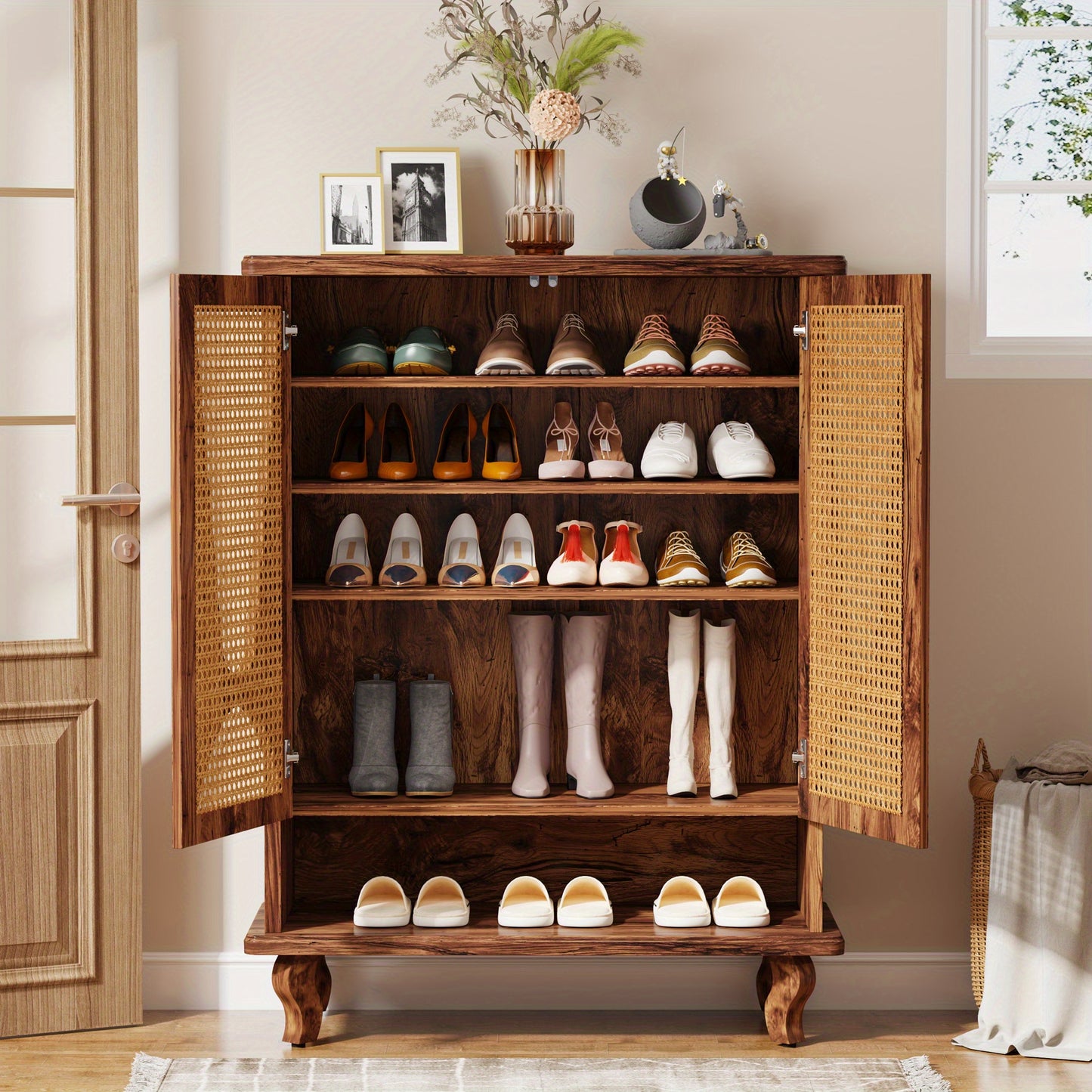 Schoenenkast – Schoenenrek – Schoenopberger – Schoenhouder – Schoenmeubel – 5-Lagen Rattan Deuren – Ruime Opbergruimte voor 25 Paar Schoenen