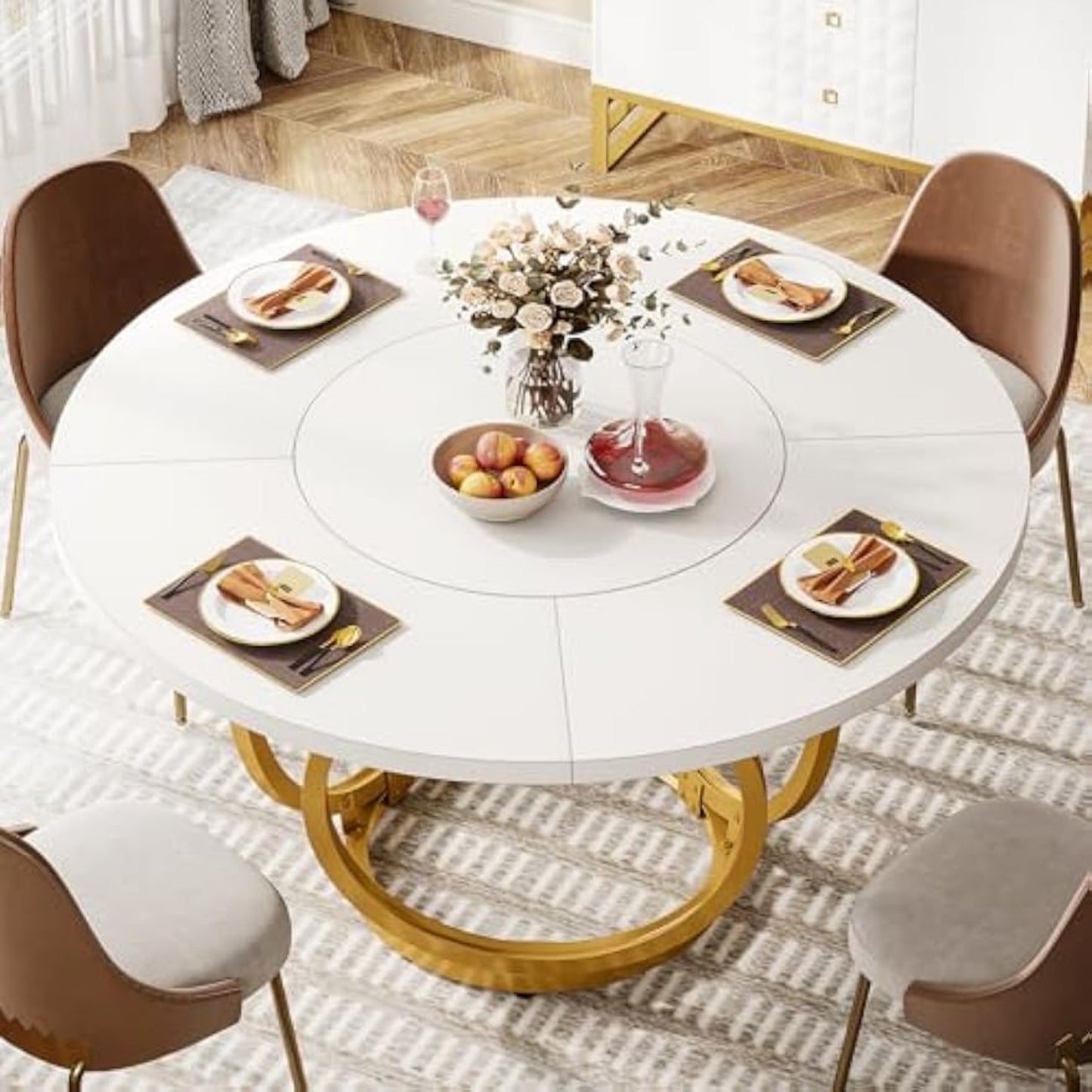 Ronde Eettafel – Ronde Tafel – Keukentafel – Eetkamertafel – Tafel – MDF Blad Wit – Gouden Metalen Onderstel – 120 cm – Geschikt voor 4-6 Personen