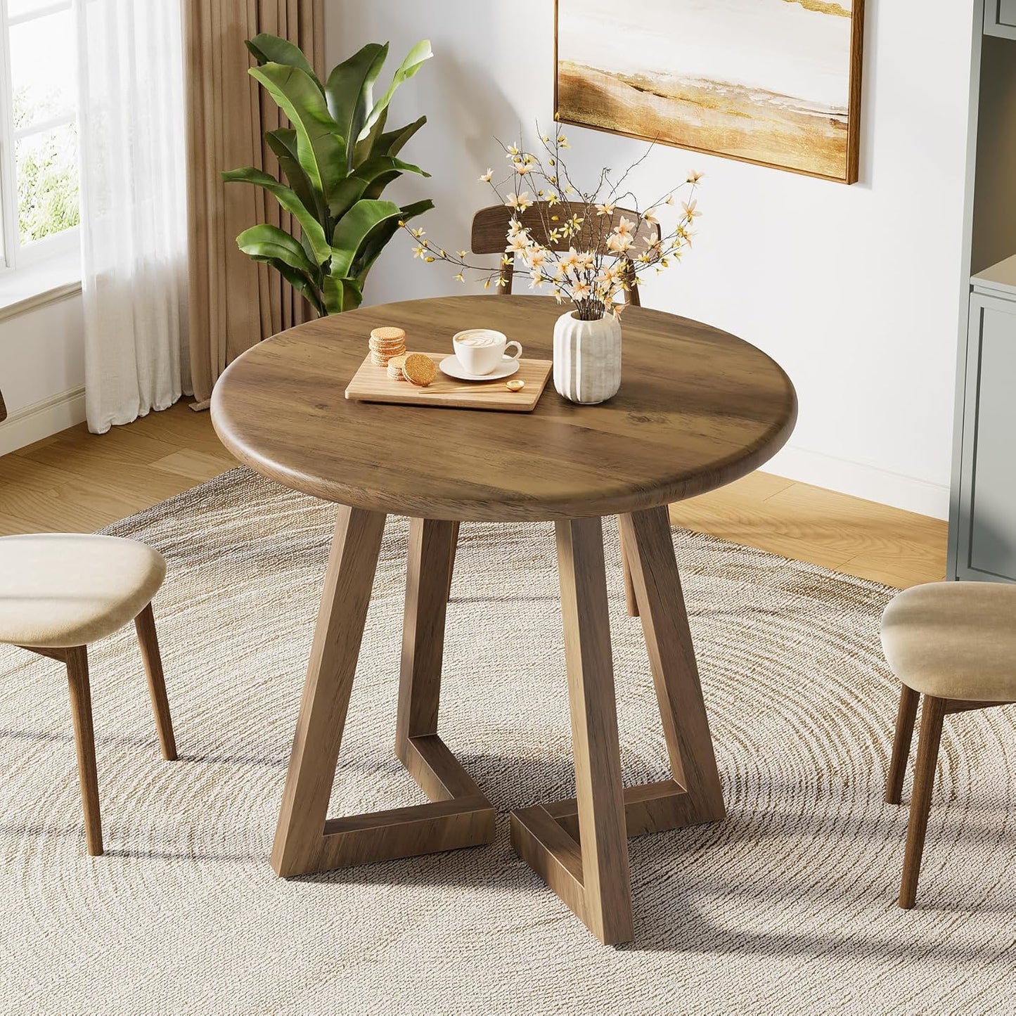 Ronde Eettafel – Kleine Tafel – Keukentafel – Ontbijttafel – Tafeltje – MDF Houtnerf – 80 cm Diameter – Geschikt Voor 2-4 Personen – Verstelbare Voetjes – Bruin