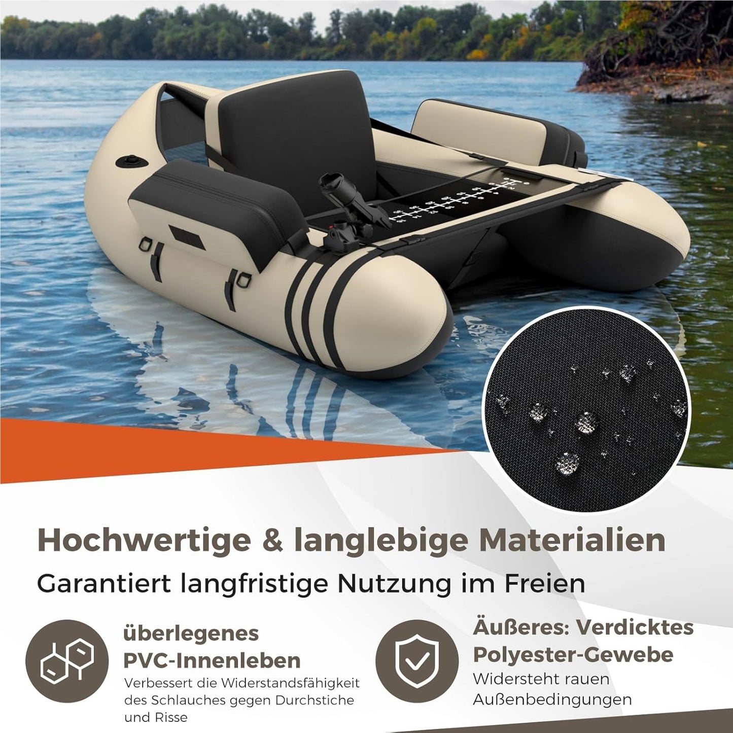 Opblaasbare Visboot – Belly Boat – Vissersboot – Inflatable Kano – Vlot Voor Volwassenen – Inclusief Pomp en Peddels – 150 kg Draagvermogen – Verstelbare Rugleuning – Beige – 135 x 109 x 54 cm