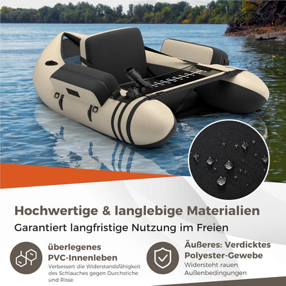 Opblaasbare Visboot – Belly Boat – Vissersboot – Inflatable Kano – Vlot Voor Volwassenen – Inclusief Pomp en Peddels – 150 kg Draagvermogen – Verstelbare Rugleuning – Beige – 135 x 109 x 54 cm