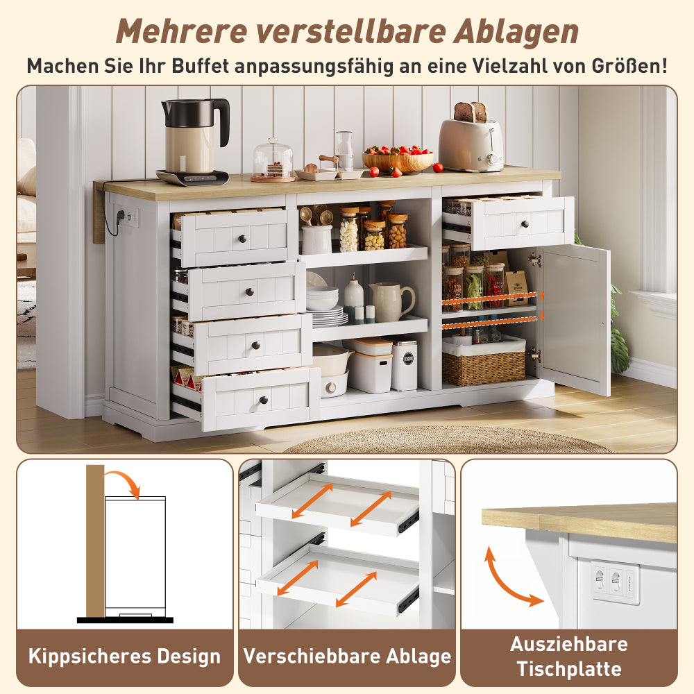 Sideboard, Kitchen Island, Wine Cabinet with 5 Drawers, 2 Pull-Out Shelves, Foldable Extension, Suitable for Kitchen, Dining Room, and Living Room, White, 150×65×75cm,  Spacesaving Furniture, Modern Sideboard, Minimalist Fu