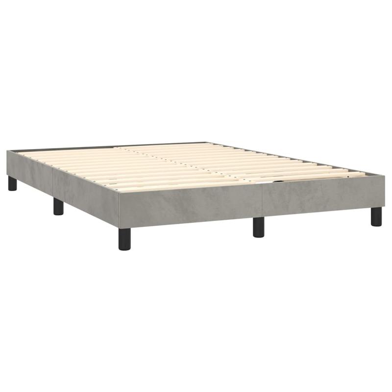 Modern Light Gray Queen Size Box Spring Bed with Mattress - Low-Profile Bed Frame, Fire-Resistant, Easy Assembly, Soft Fabric-like Upholstery & Sturdy System (140x190cm) for Single/Double Bed Compatibility