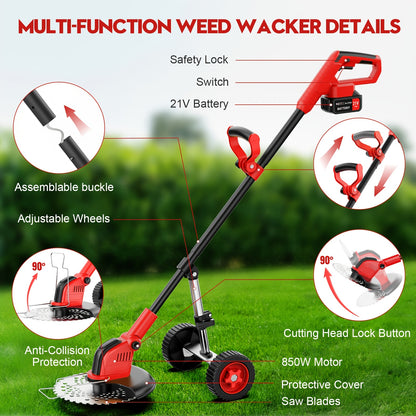 Draadloze Bosmaaier – Grasmaaier – Kantenmaaier – Struikkam – Trimmer – 850W Motor – 6000mAh Accu Met 2 Batterijen
