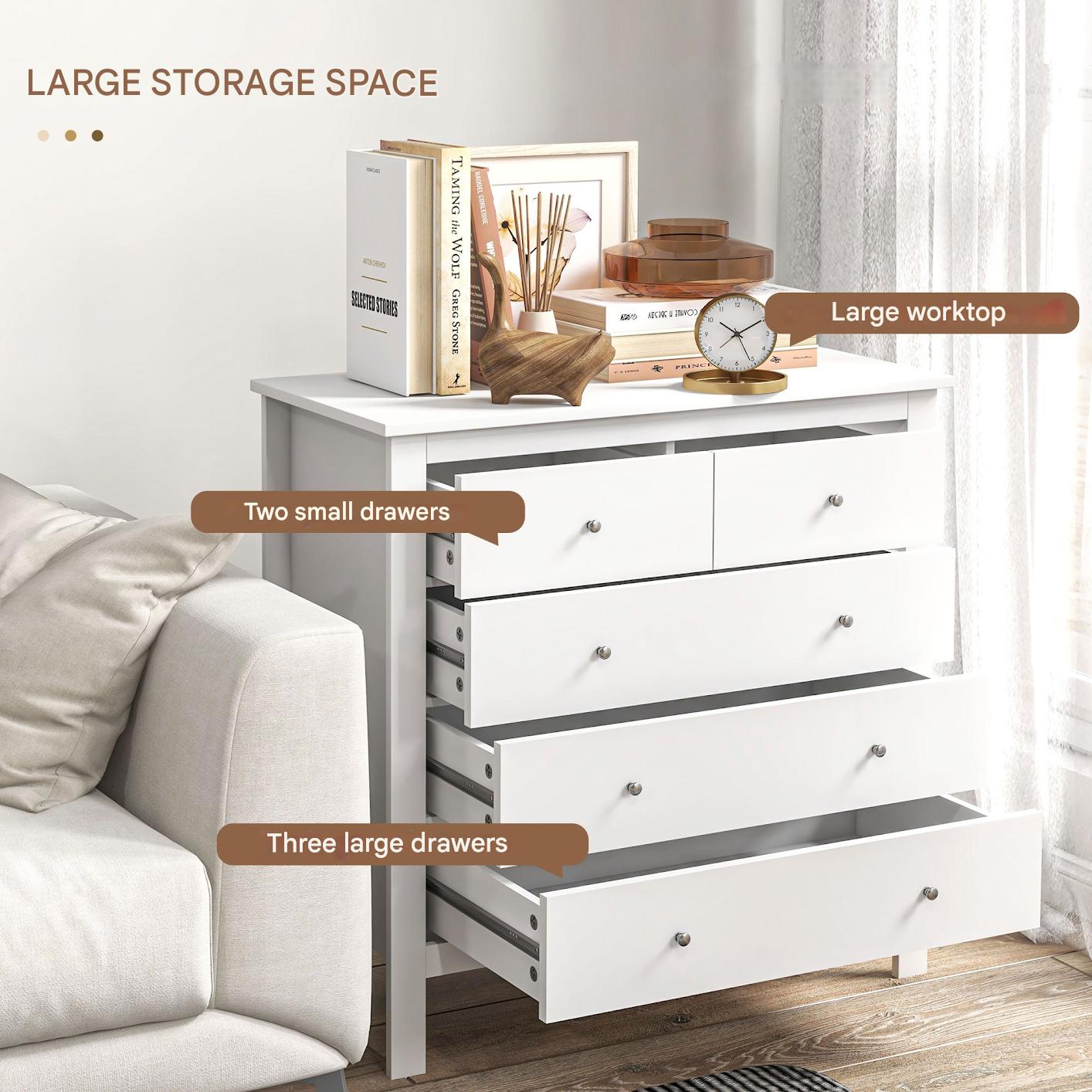 Ladekast – Ladenkast – Kommode – Dressoir – Opbergkast – 5 Lades – MDF & Spaanplaat – Wit – Geruisloze Metalen Glijders – Anti-Kantelbescherming – 79x39,5x80,5 cm