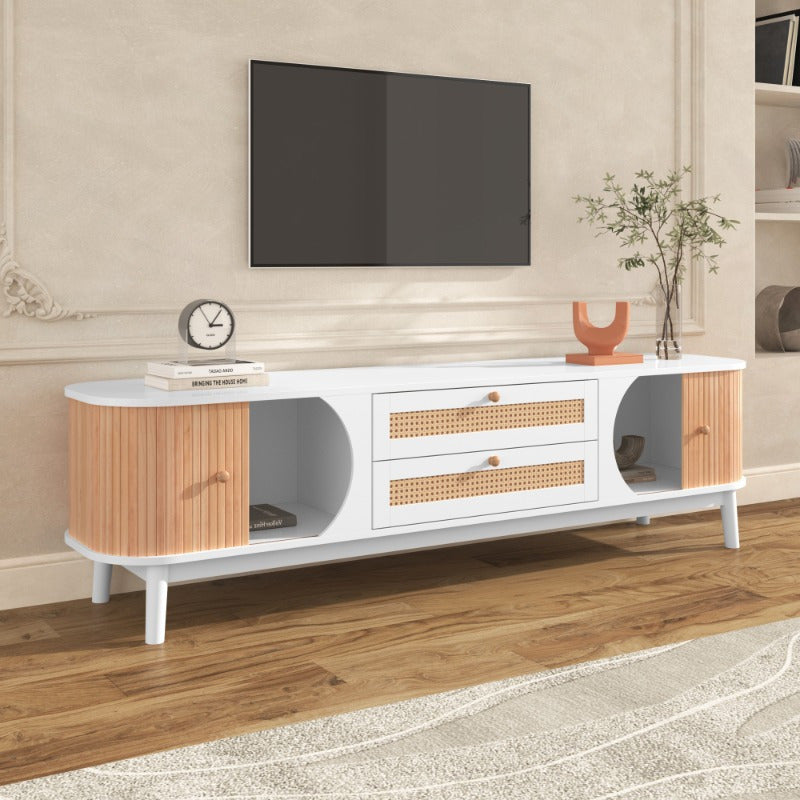 Wood Blend TV Meubel – TV Kast – TV Stand – Entertainment Unit – TV Dressoir – Rattan Zijkanten – Natuurlijke Landelijke Stijl – Met Deuren En Lades