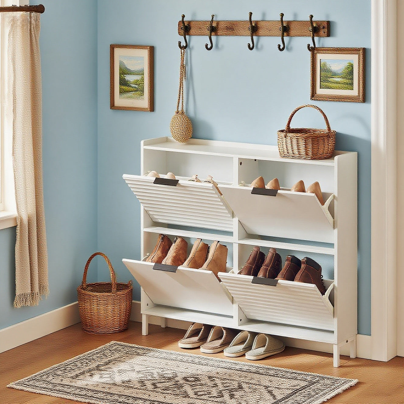 Smalle Schoenenkast – Schoenenrek – Schoenenopberger – Schoenenkast Smal – Schoenenkast Hal – Ruimtebesparend Ontwerp – Stevige MDF Constructie – Wit – 100x19x90 cm