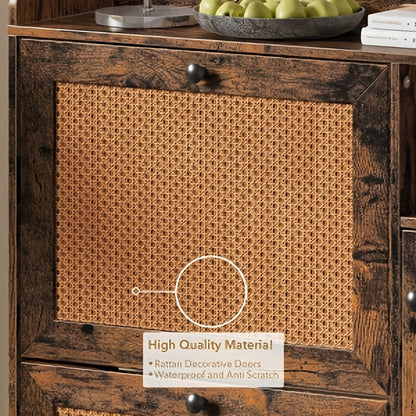 Schoenenkast – Schoenenrek – Schoenenopberger – Halmeubel – 3 Lades Met Rieten Front – Verstelbare Planken & Metalen Knoppen – Smal Vrijstaand Design – Vintage Stijl