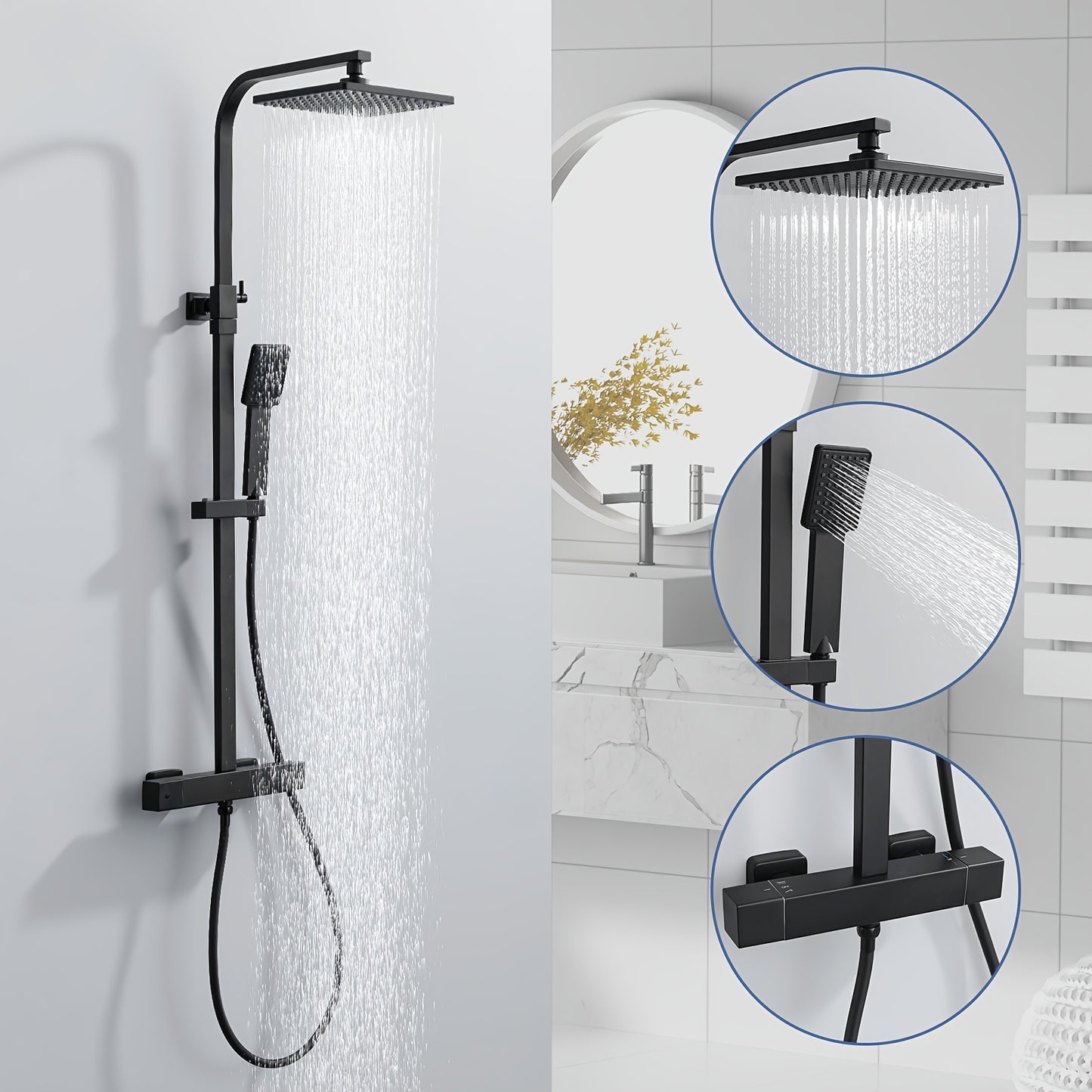 Thermostatische Douchekraan Set – Douchekraan – Badkraan Set – Handdouche – Douchekop Met Slang – Roestvrij Staal – Constante Temperatuurregeling – Wandmontage