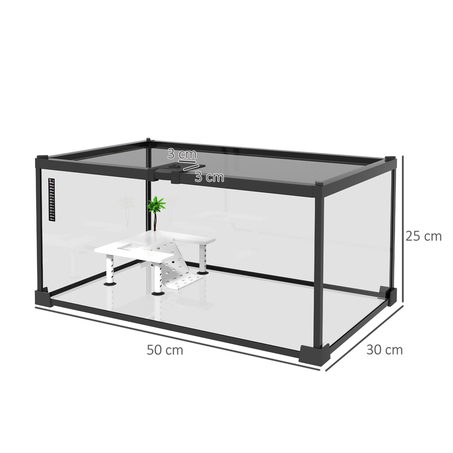 Terrarium voor schildpadden – Reptielenbak – Vivarium – Terrariumkast – Reptielenhuis – Met Sluitbaar Metalen Gaasdeksel – Gemaakt van Glas en Metaal – Inclusief Platform met Oprit en Thermometer – Afmetingen 50x30x25 cm