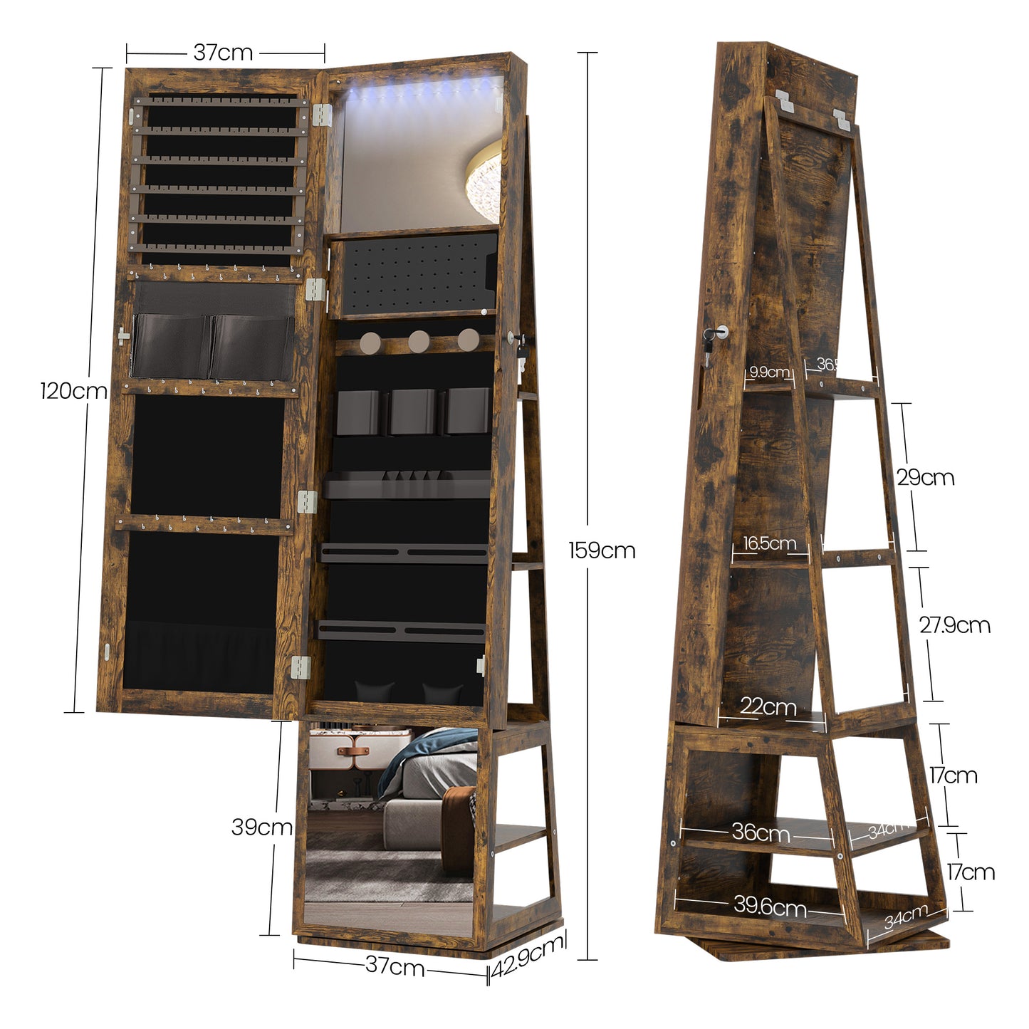 Sieradekastje – Sieradendoos – Juwelendoos – Sieradenkast – Make-up Organizer – 360° Draaibare Spiegel – 4-Vaks Opbergruimte – Vintage Zwart-Wit