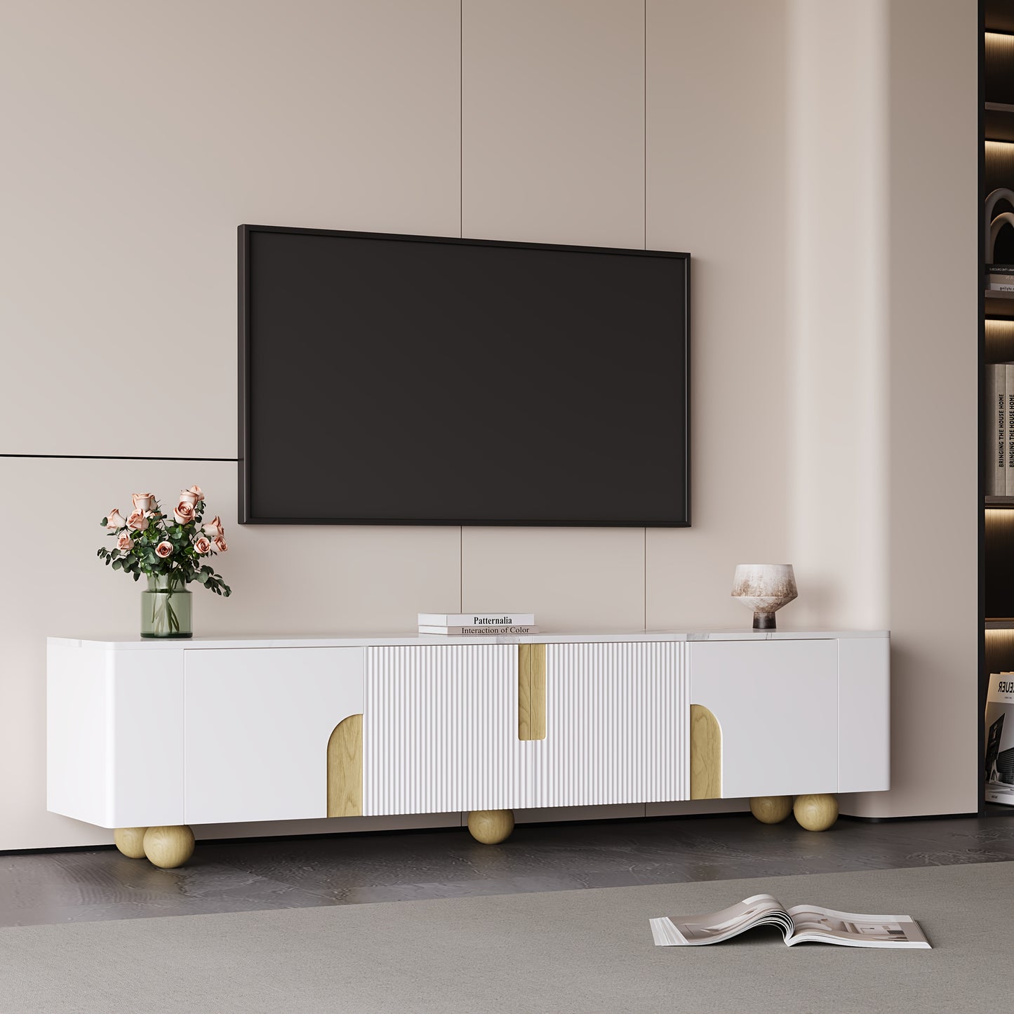 Tv Meubel – TV Kast – Televisiekast – TV Dressoir – TV Meubels – 180 cm Breed – Wit Met Marmerlook Blad – 4 Deuren – Stevige Bolvormige Houten Poten
