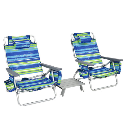Campingstoel – Strandstoel – Kampeerstoel – Ligstoel – Tuinstoel – 3-Delige Set Blauw + Groen – Verstelbare Rugleuning – Inclusief Koelvak & Opbergvakken