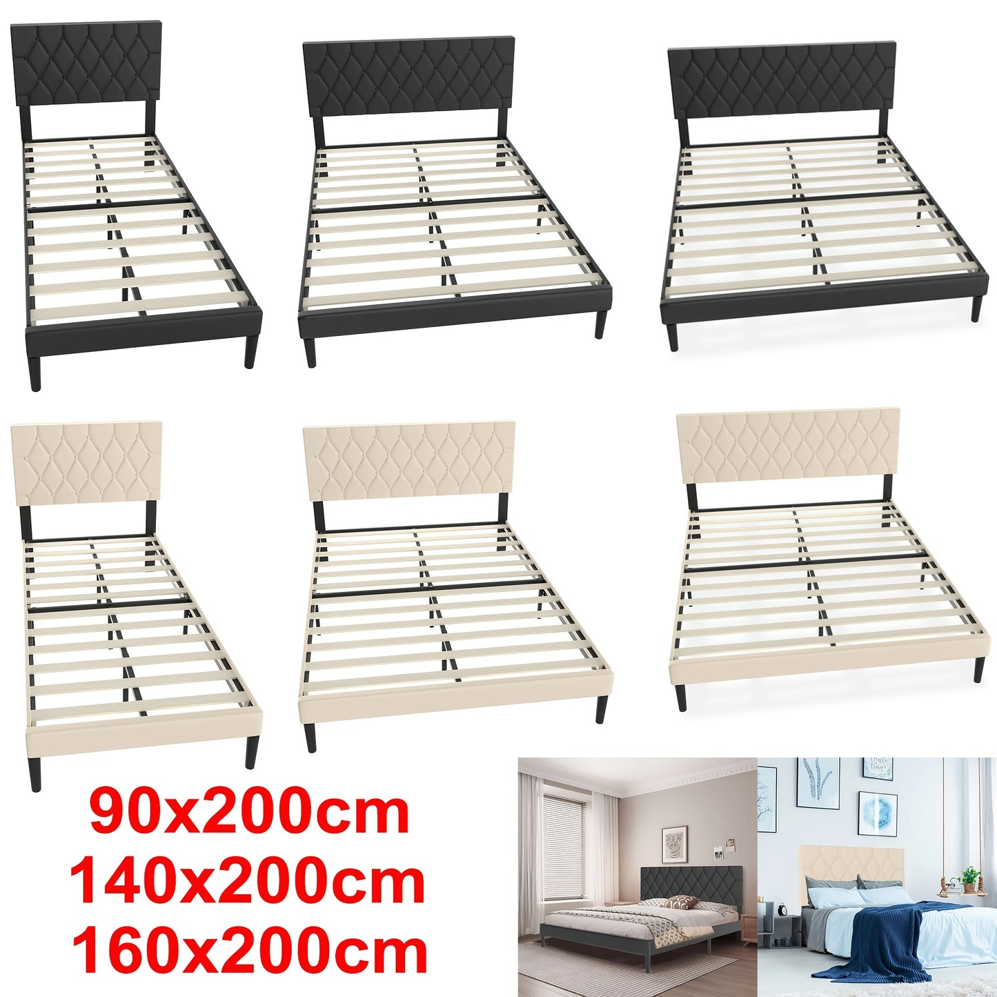 Gestoffeerd Bed – Bedframe – Slaapbank – Boxspring – Ledikant – Zachte Stof Bekleding – Max. Draagkracht 300 Kg – Zwart – 160x200 cm
