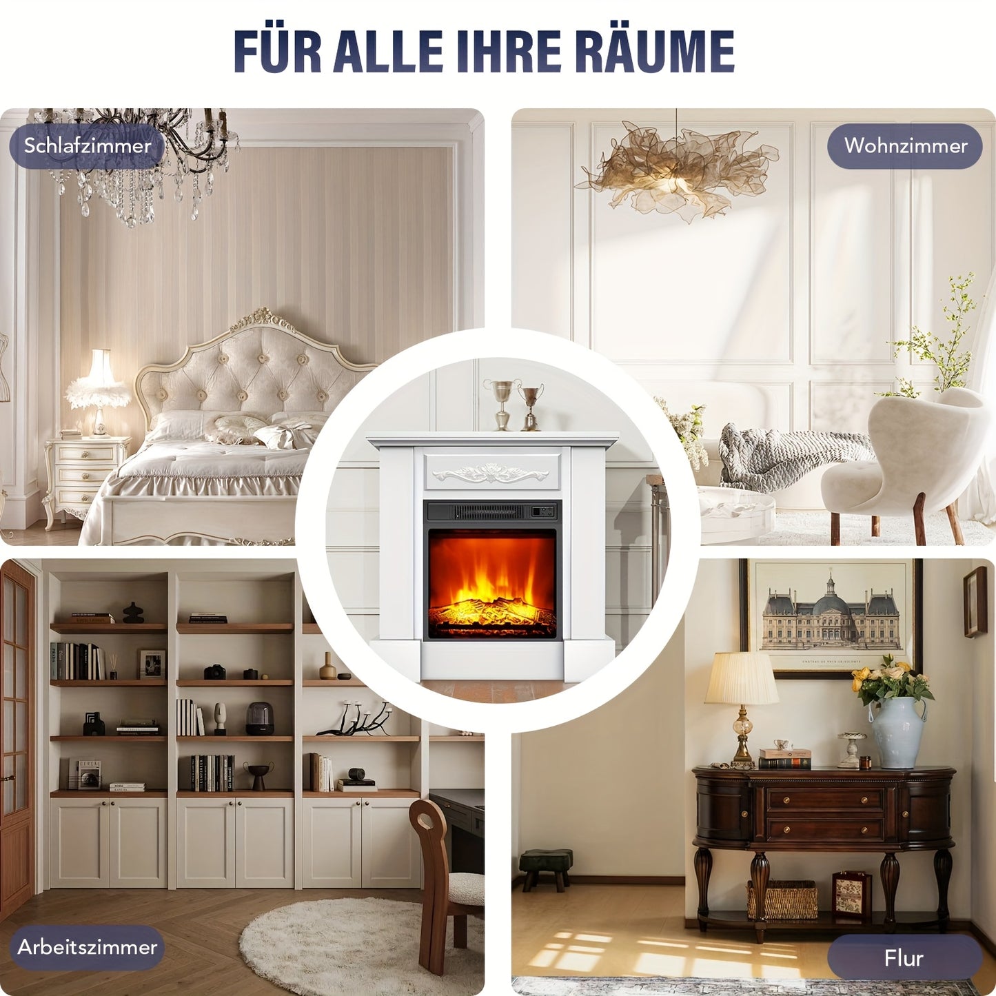 Elektrische Haard – Elektrische Open Haard – Sfeerverwarming – Haardmeubel – TV Meubel – Realistisch Vlameffect – 2000W Verwarming – Wit MDF Met Metaal