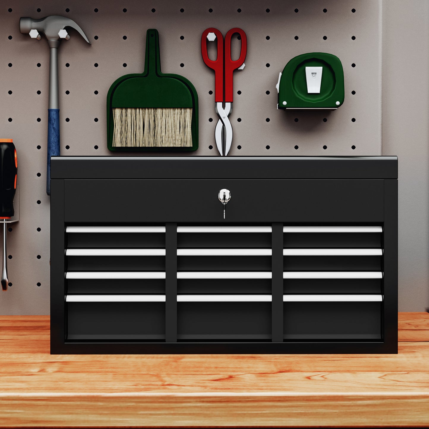 Gereedschapskist – Gereedschapsbox – Opbergkist – Werkplaatskist – Toolkist – Zwart Staal – Afsluitbaar Met 3 Lades – 60x26x34 cm Compact