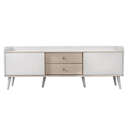 TV Meubel – TV Kast – Tv Lowboard – Media Console – Modern Cabinet – 2 Lades – Spaanplaat Wit-Hout – Compact 102-124 cm