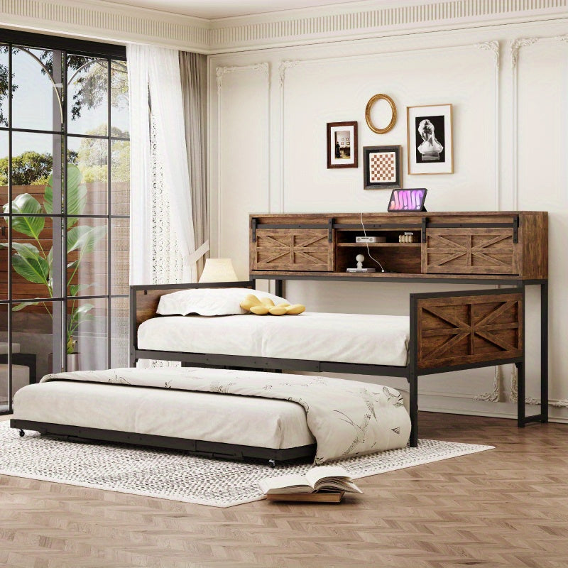 Slaapbank – Bedbank – Bankbed – Uitklapbank – 2-in-1 Sofa Bed – Zwart-Bruin – Met Opbergruimte Onder Zitting – Robuust Metaal-Hout Frame – Direct Gebruiksklaar Zonder Montage