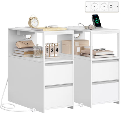 Kleine Bijzettafels – Nachtkastje – Salontafel – Opbergmeubel – Smalle Tafels – Set van 2 Wit – Compact en Ruimtebesparend – Met 2 Lades en Open Vak