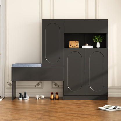 Modern Entryway Storage Cabinet with Hinged Doors - Heavy-Duty Metal Construction, Space-Saving Shoe Organizer with Upholstered Bench, Height-Adjustable Compartments, Curved Door Design for Hallway, Living Room, Bedroom - No