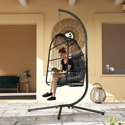 Hangstoel Rattan Hangstoel Schommelstoel Bistrostoel Balkonstoel – Incl. Donkergrijze Kussen – UV-Bestendig – Draagvermogen 150kg – Split Rugleuning – Eenvoudige Montage – Binnen & Buiten Gebruik
