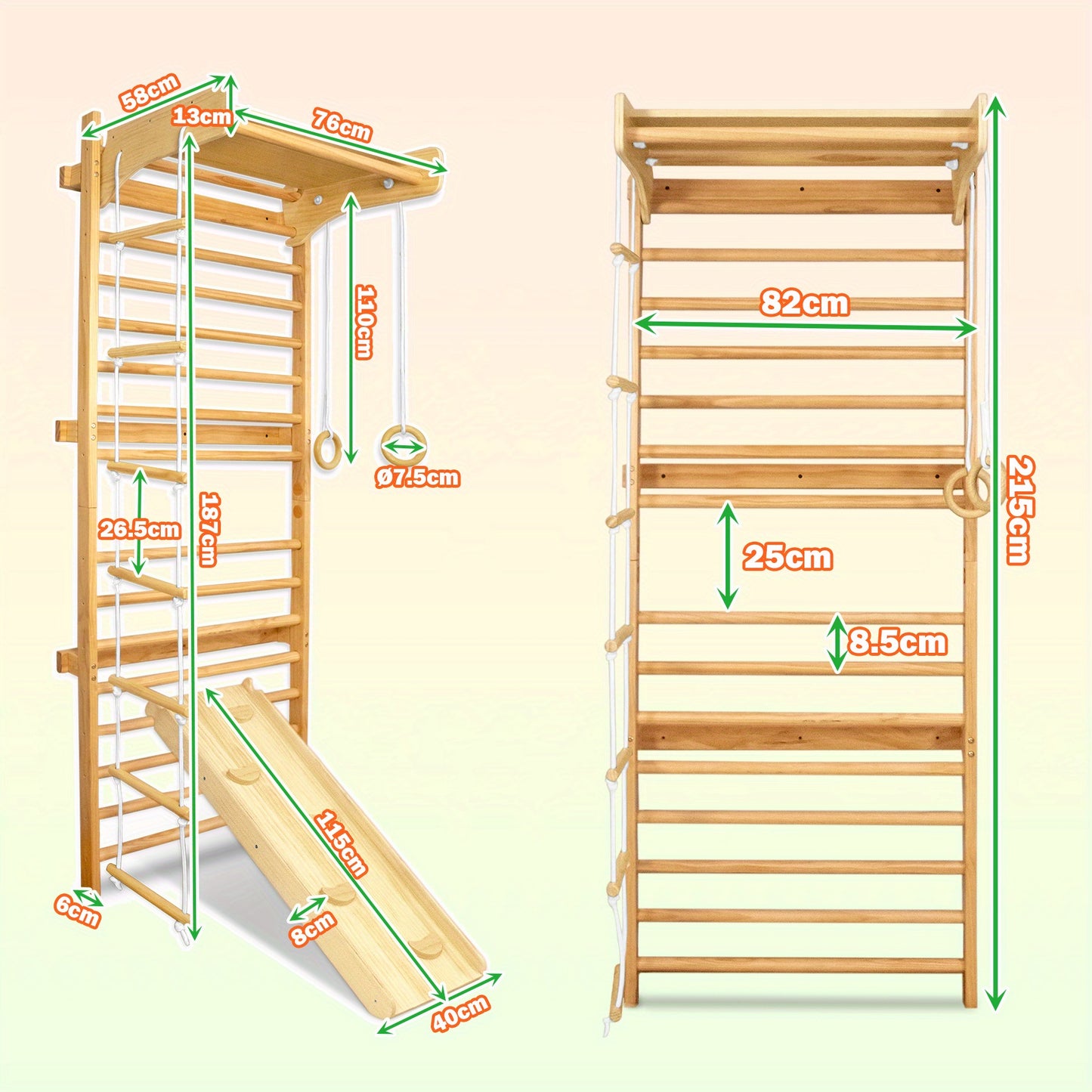 Houten Klimwand – Klimrek – Speelwand – Gymwand – Klimframe – Berkenhout – Max. Belastbaar 100 kg – Afneembare Driepoot