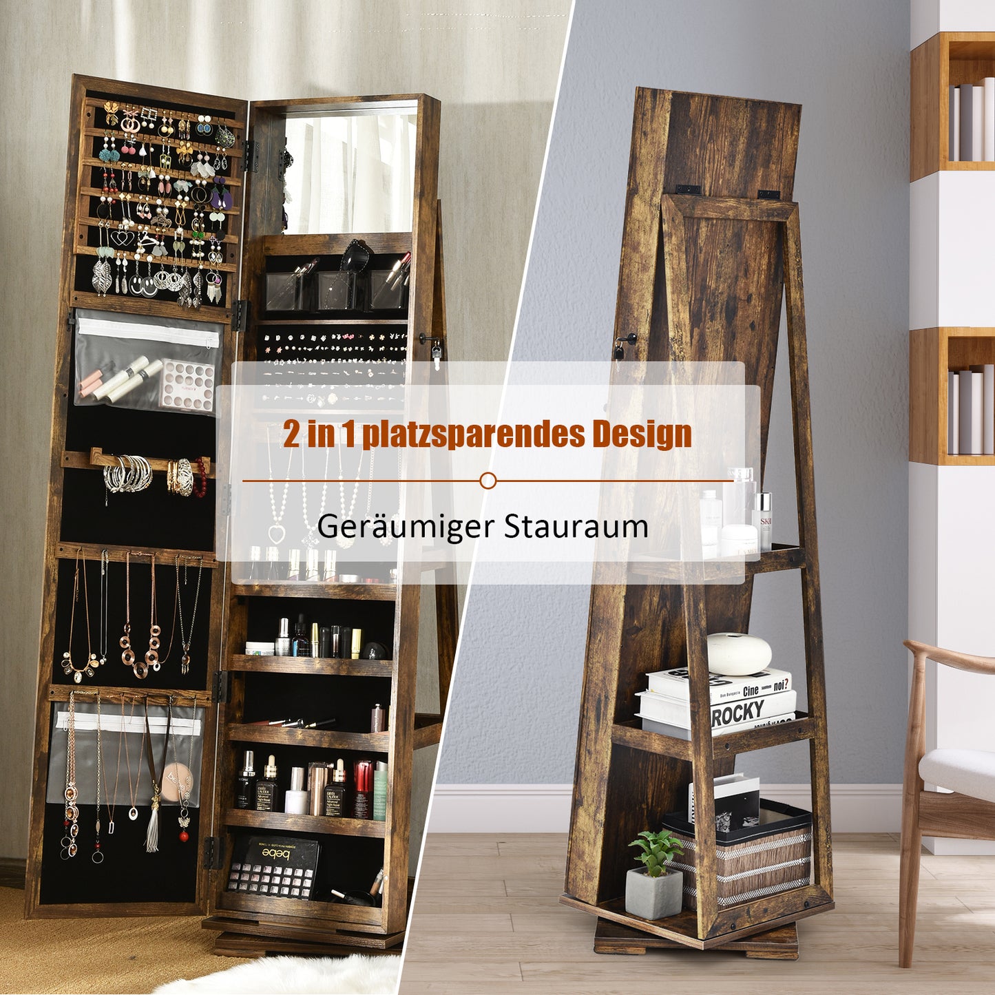 Sieradenkast – Juwelenkast – Spiegelkast – Sieradenopberger – Make-upspiegel – Vrijstaand – Draaibaar – Slot Met Sleutels – MDF Bruin 161 cm Hoog