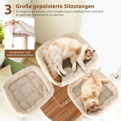 Krabpaal Kat – Krabmeubel – Klimpaal – Speelboom – Activiteitentoren – 168 cm Hoog – Inclusief Hangmat & Speelballen – Beige/Naturel