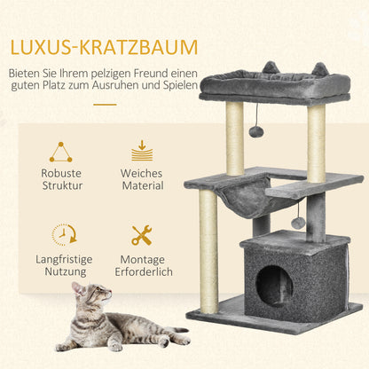 Krabpaal – Kattenboom – Kattenkrabpaal – Kattenklimpaal – Kruiphol – Multifunctionele Kattenboom Grijs – 90 cm Hoog – Sisal Krabpaal Met Hangmat En Platformen
