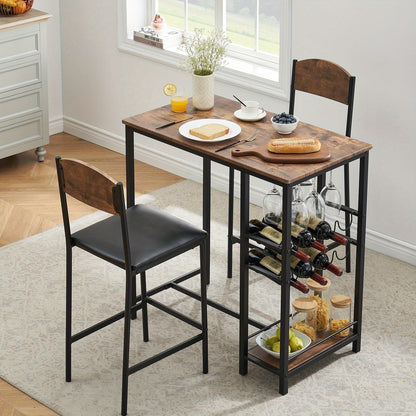 2-in-1 Counter Height Bar Table Set with Storage Shelf & Wine Rack - Space-Saving 3pcs Modern Dining Table with Cup Holders, Foldable Design