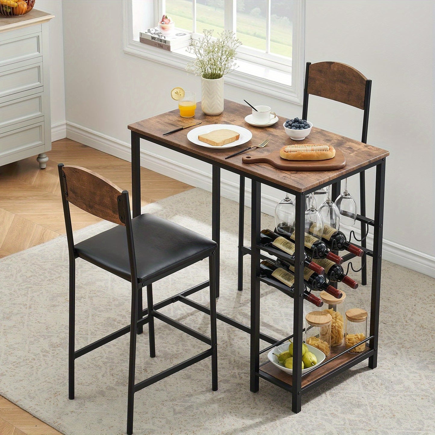 2-in-1 Counter Height Bar Table Set with Storage Shelf & Wine Rack - Space-Saving 3pcs Modern Dining Table with Cup Holders, Foldable Design