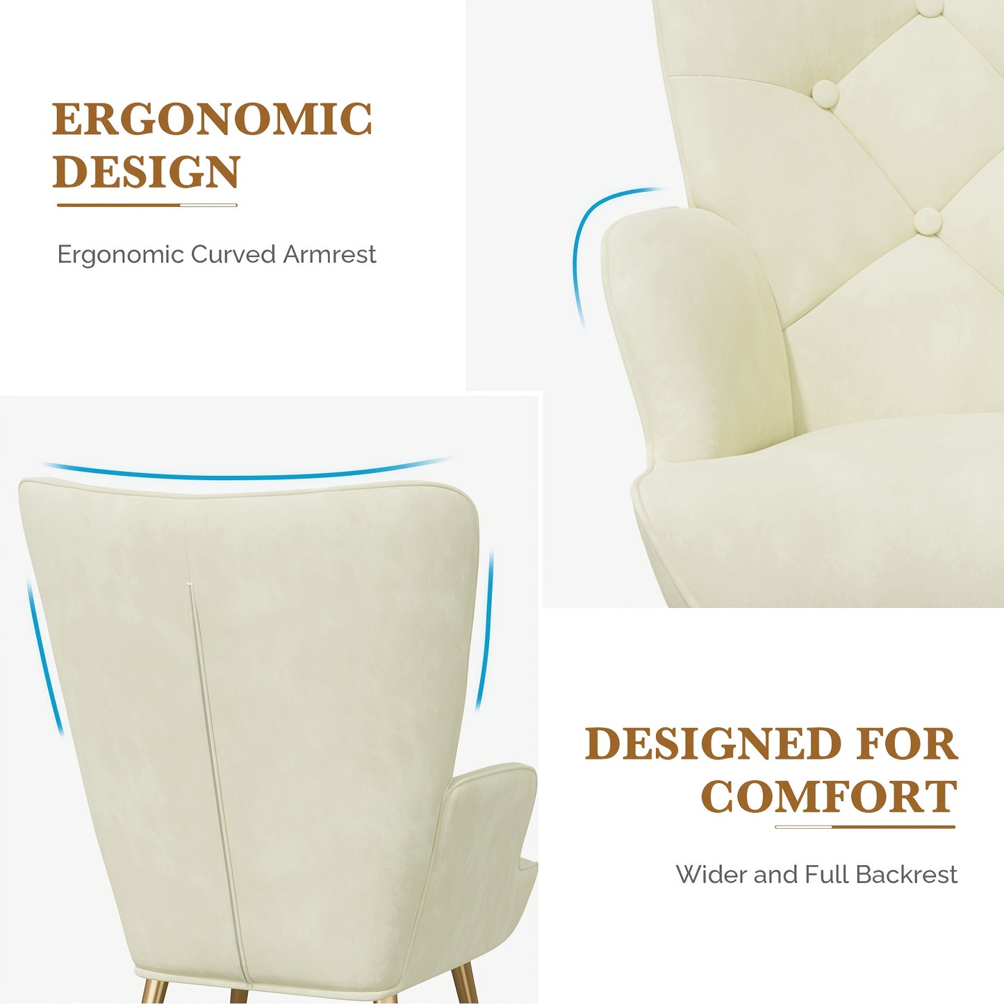 Fauteuil – Relaxstoel – Zetel – Lounge Chair – Accent Stoel – Mid-Century Design – Velvet Bekleding – Memory Foam Zitting – Hoog Rugleuning Wingback – Stevig Metalen Frame