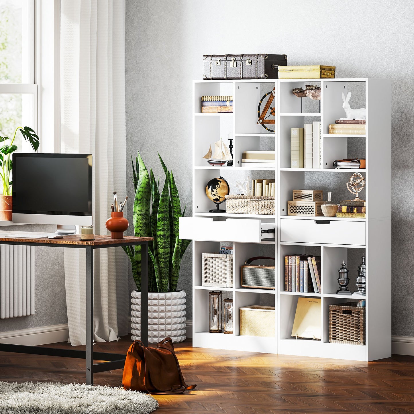 Boekenkast – Boekrek – Opbergkast – Plank – Wandkast – Wit – 9 Vakken – Kantelbeveiliging – Compact 60x26x158 cm