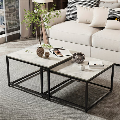 Set Of 2 Coffee Table Marble:Set Of 2 Nesting Tables Scandinavian Side Table Set For Living Room Large: 65 X 65 X 40 Cm Small: 60 X 60 X 34 Cm(Grey, White)