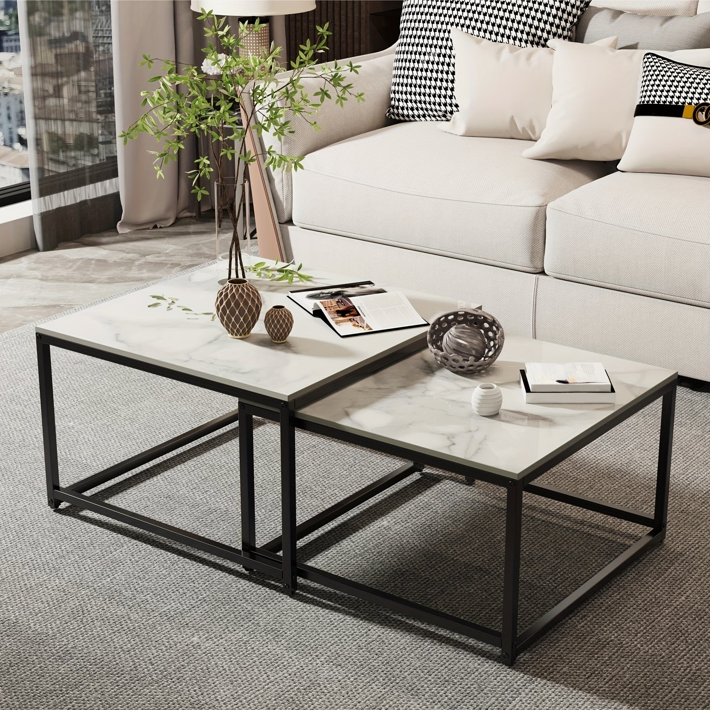 Salontafel – Koffietafel – Bijzettafel – Tafel – Woonkamertafel – Set Van 2 – Scandinavisch Design – Marmerlook Tafelblad – Metalen Frame – Nestbare Tafels 65x65x40 & 60x60x34 cm – Wit
