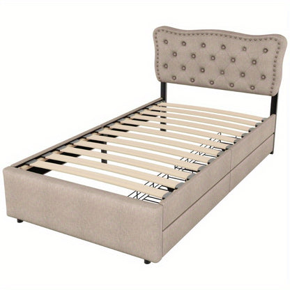 Gestoffeerd Bed – Boxspringbed – Slaapbank – Bedframe – Ledikant – 90x200 cm – Padded Hoofdbord Met Decoratieve Spijkers – Moderne Opberglades Donker Beige