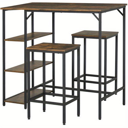Bartafelset – Bartafel – Statafel – Eettafelset – Barset – Industrieel Design – 109x60x100 cm – Rustiek Bruin Hout Met Zwart Stalen Frame – Inclusief 2 Barstoelen En Opbergrek