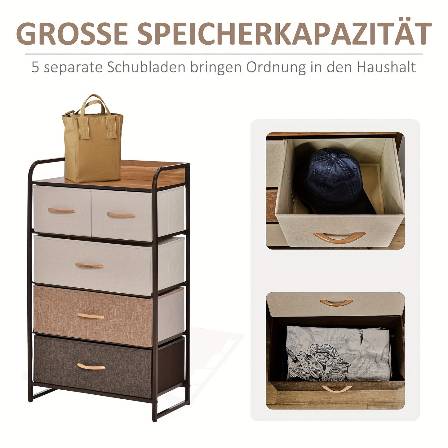 Opbergkast – Ladekast – Kommode – Dressoir – Kast Met 5 Inklapbare Stoffen Laden – Anti-Kantel Beveiliging – Lichtgewicht Linnen Stoffen – Mix Kleuren
